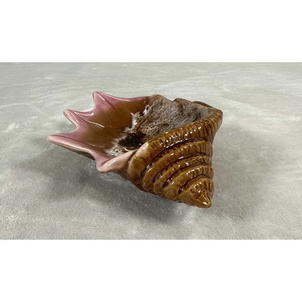 Studio Pottery Sea Shell Candy Trinket Dish Brown & Pink Glazed Benefits Charity